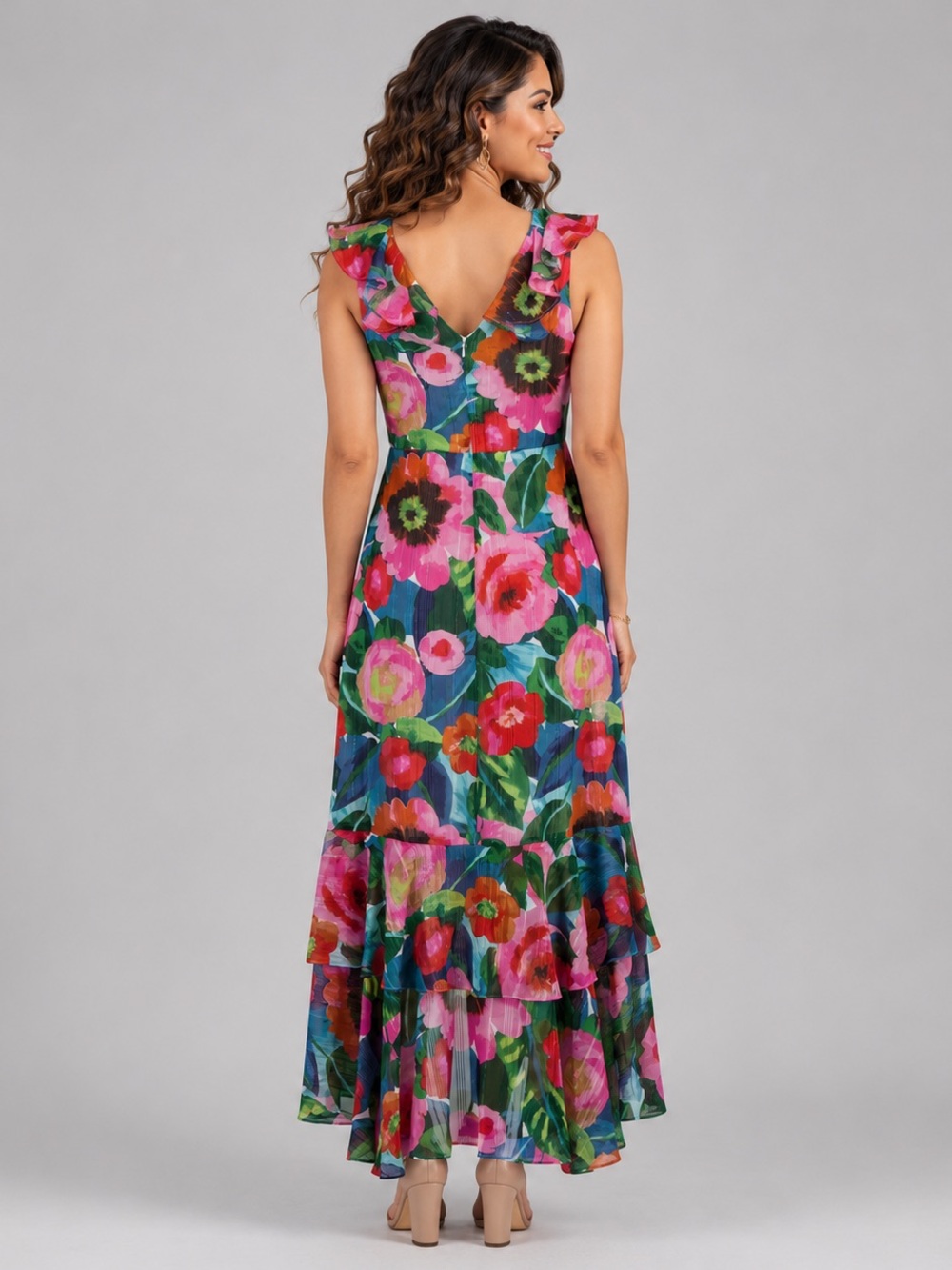 Kensie Vibrant Floral Ruffle V-Neck Maxi Dress - Pink & Green - Picture 3 of 11